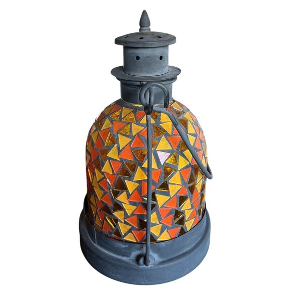 Mosaic Glass Lantern Garden Patio Candle Holder  Metal Handle 10” - Picture 2 of 6